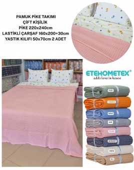 ETEHOMETEX ÇİFT KİŞİLİK %100 PAMUK HAVUZLU PİKE TAKIMI PEMBE 8696474232100